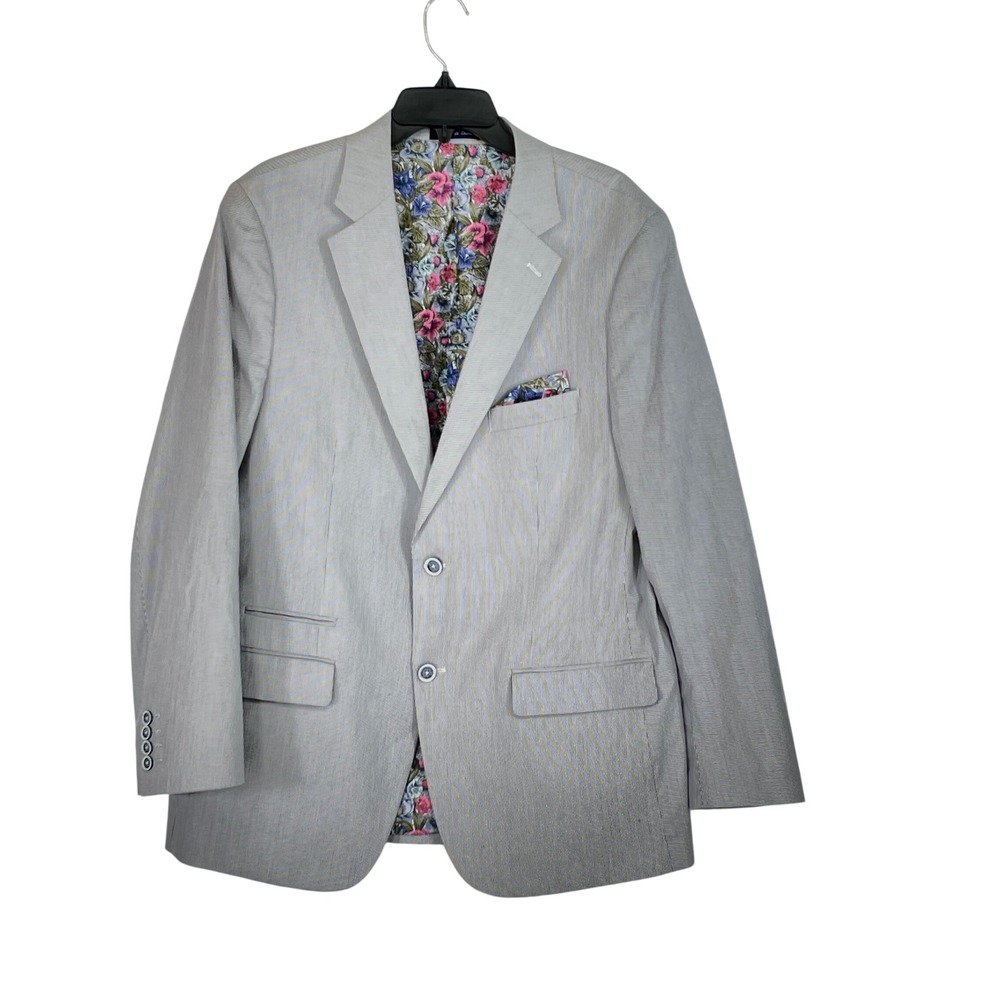 Alan Flusser Mens Large Blazer Blue White Cotton Seersucker Floral Lining